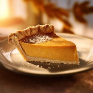 vegan pumpkin pie slice with creamy filling and flaky crust