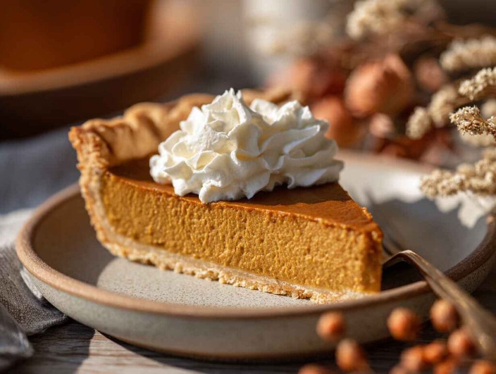 slice of vegan pumpkin pie topped with coconut whipped cream