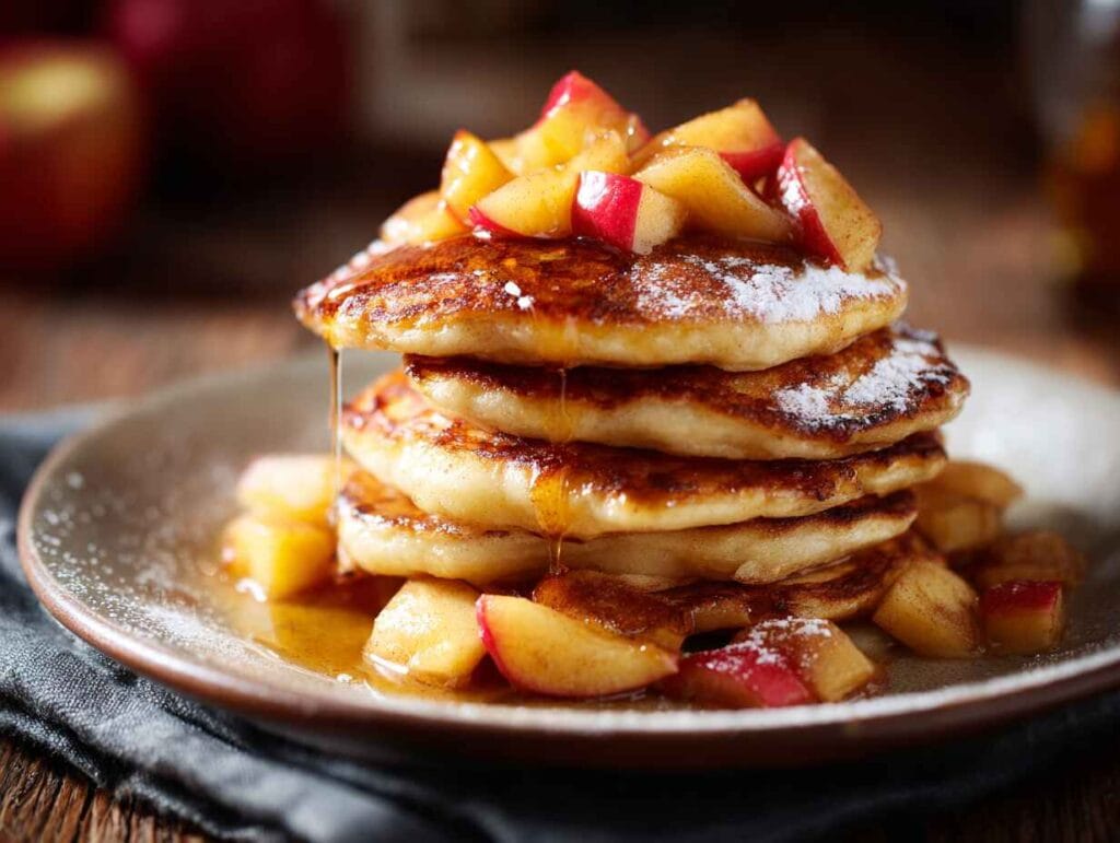 breakfast with fried apples served on pancakes with syrup
