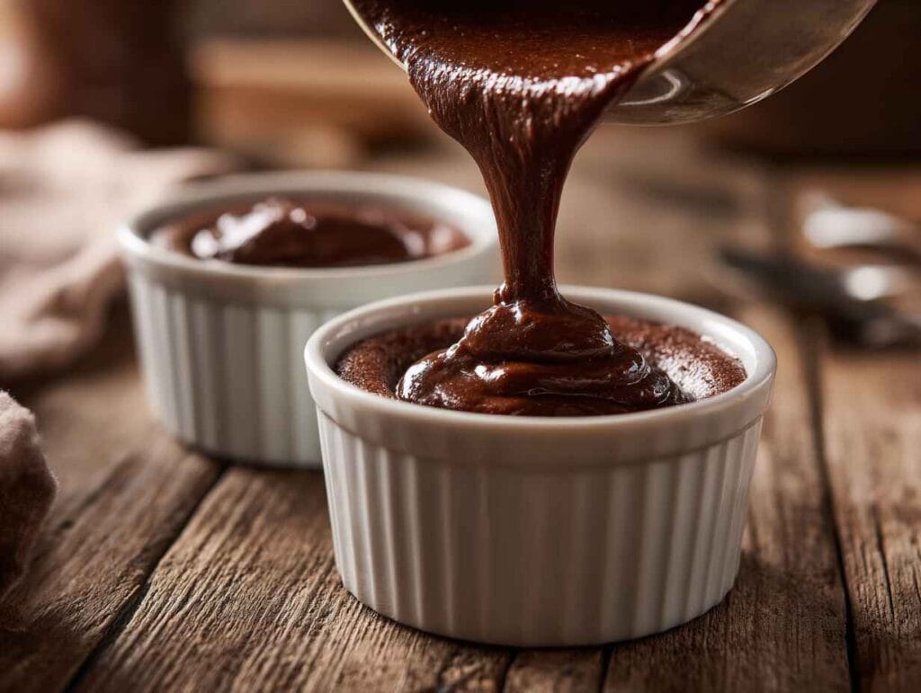 Thick chocolate lava cake batter poured into ceramic ramekins on a wooden