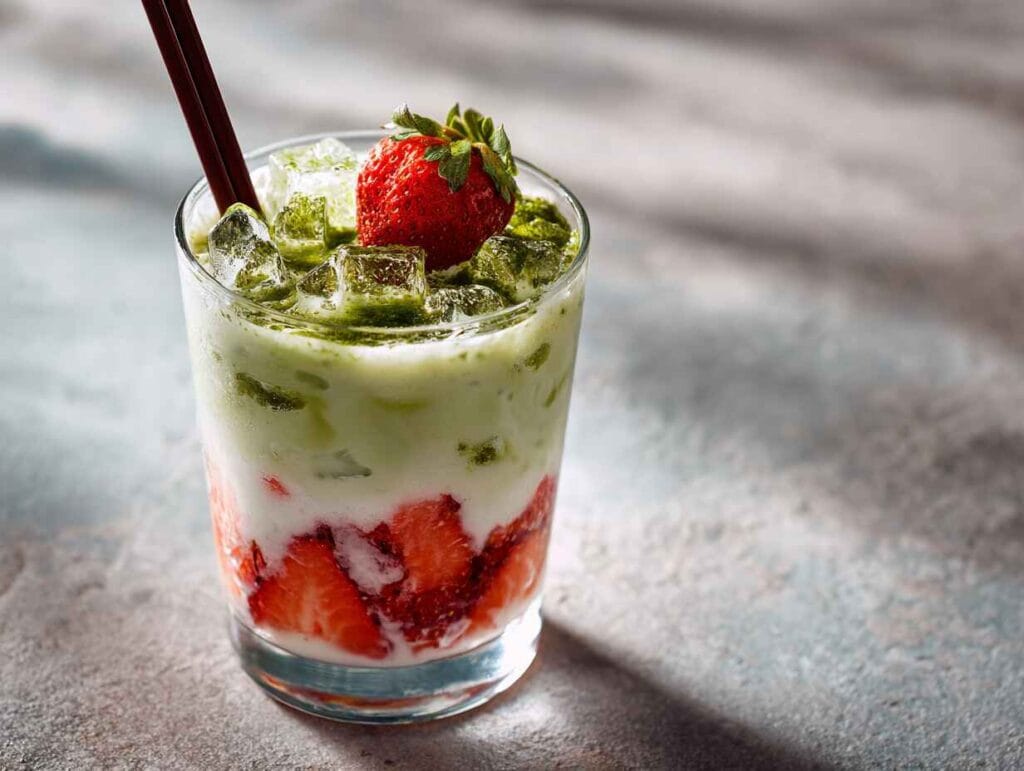 Iced strawberry matcha latte with straw
