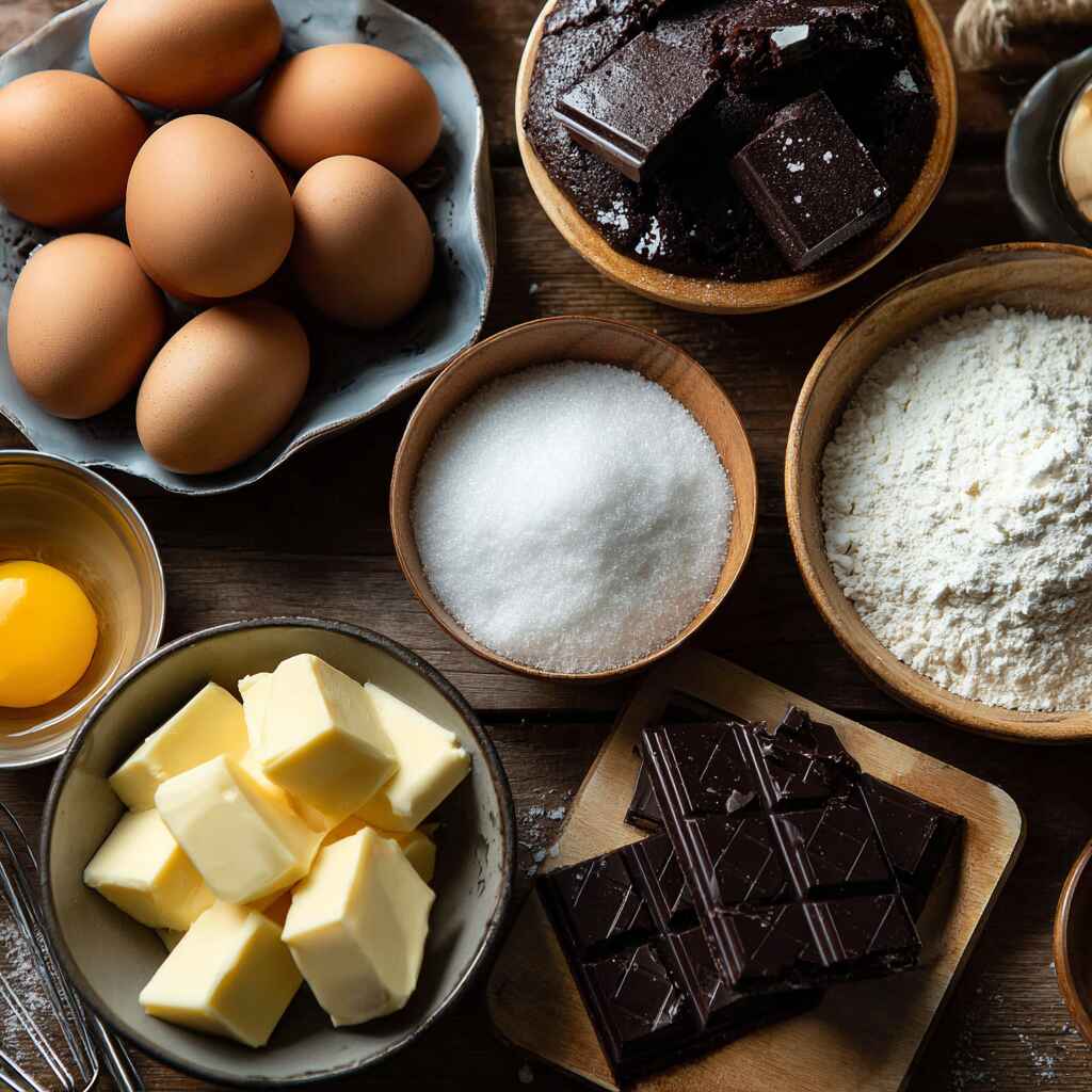 Eggs, dark chocolate, butter, sugar, and flour arranged neatly on a kitchen counter