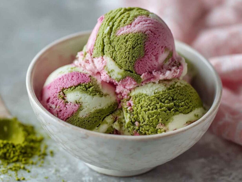 Green and pink ice cream scoop in bowl
