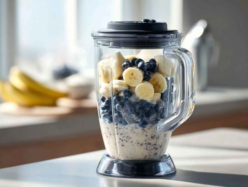 Blender filled with blueberries, yogurt, banana, and milk ready to blend