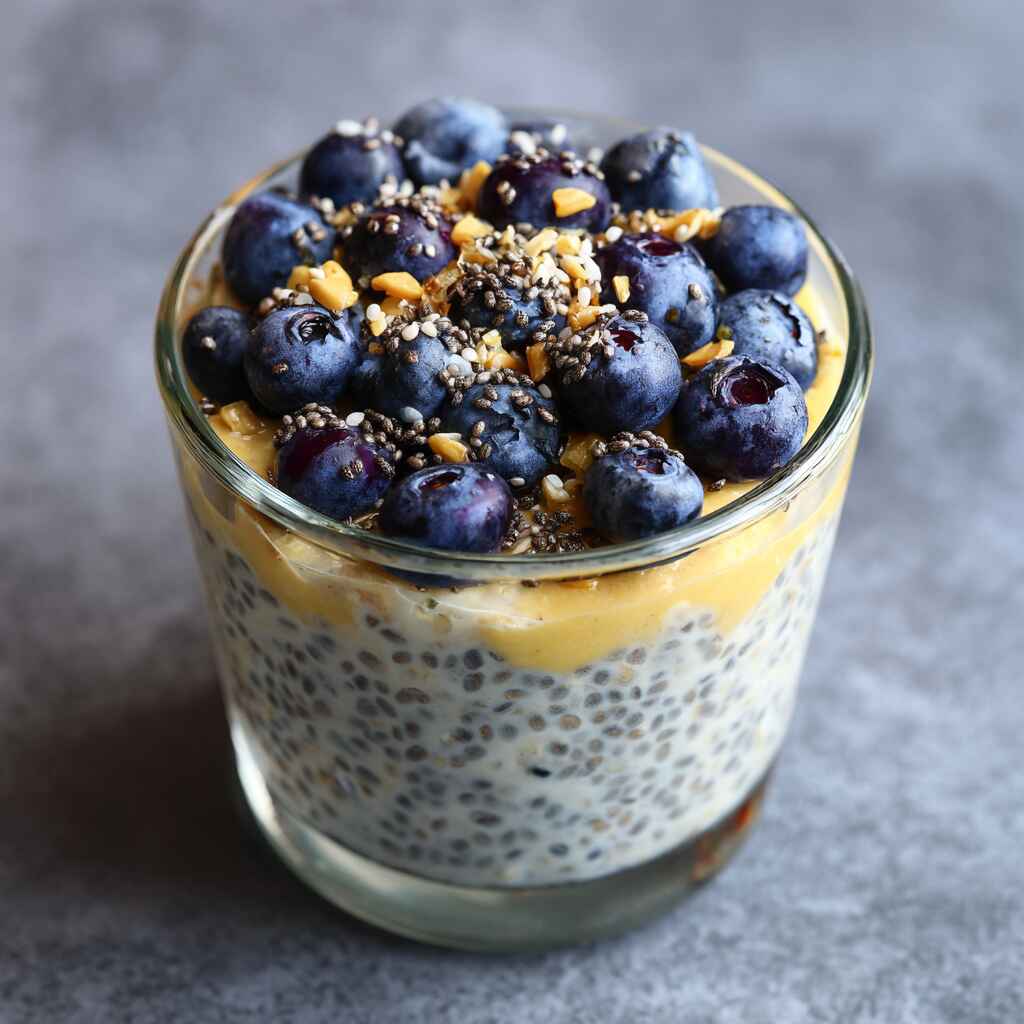 overnight oats topped with blueberries and chia seeds