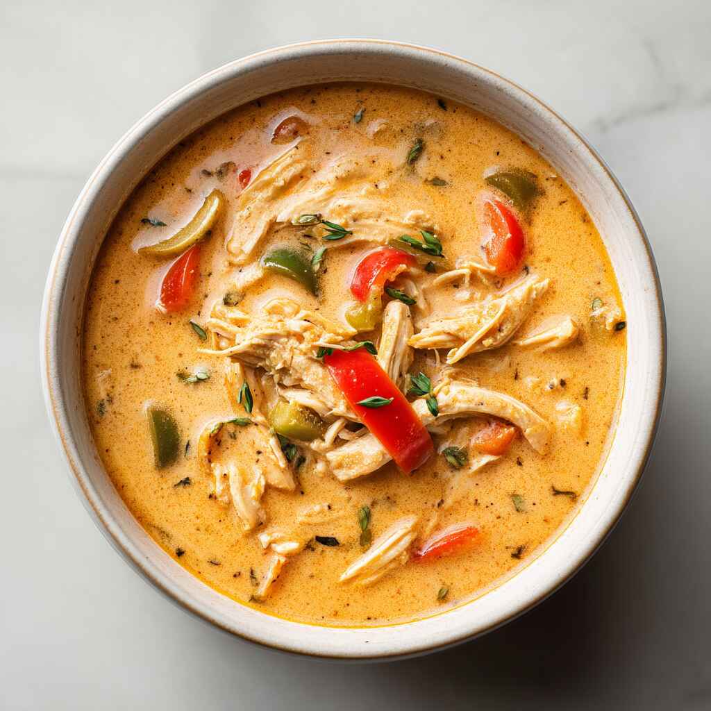 Creamy Cajun chicken soup with tender shredded chicken, colorful vegetables, and bold Cajun spices in a modern, minimal bowl with a rich golden broth.