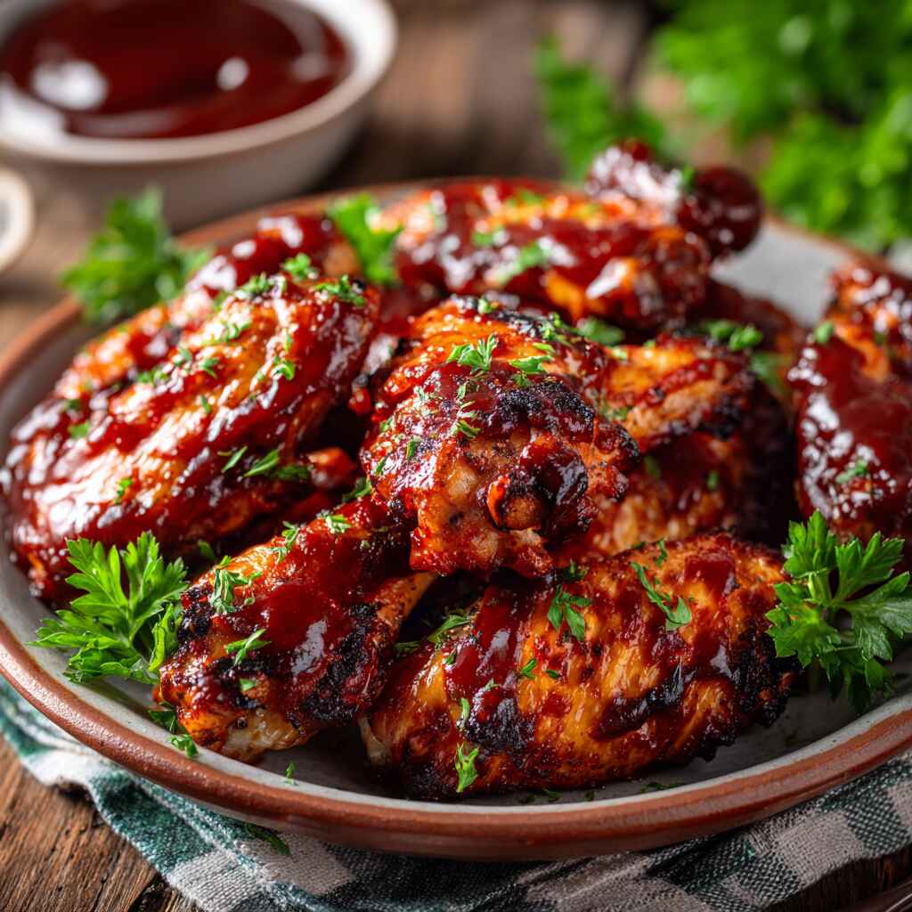 Glazed BBQ wings served on a plate with chopped herbs