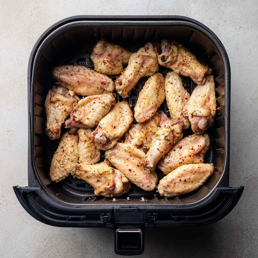 Chicken wings placed evenly inside an air fryer basket