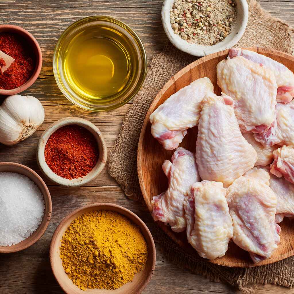 Raw chicken wings and spices arranged neatly on a rustic table