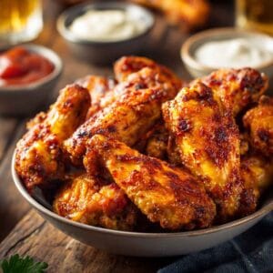 Golden crispy chicken wings in a bowl with sauces on a wooden table