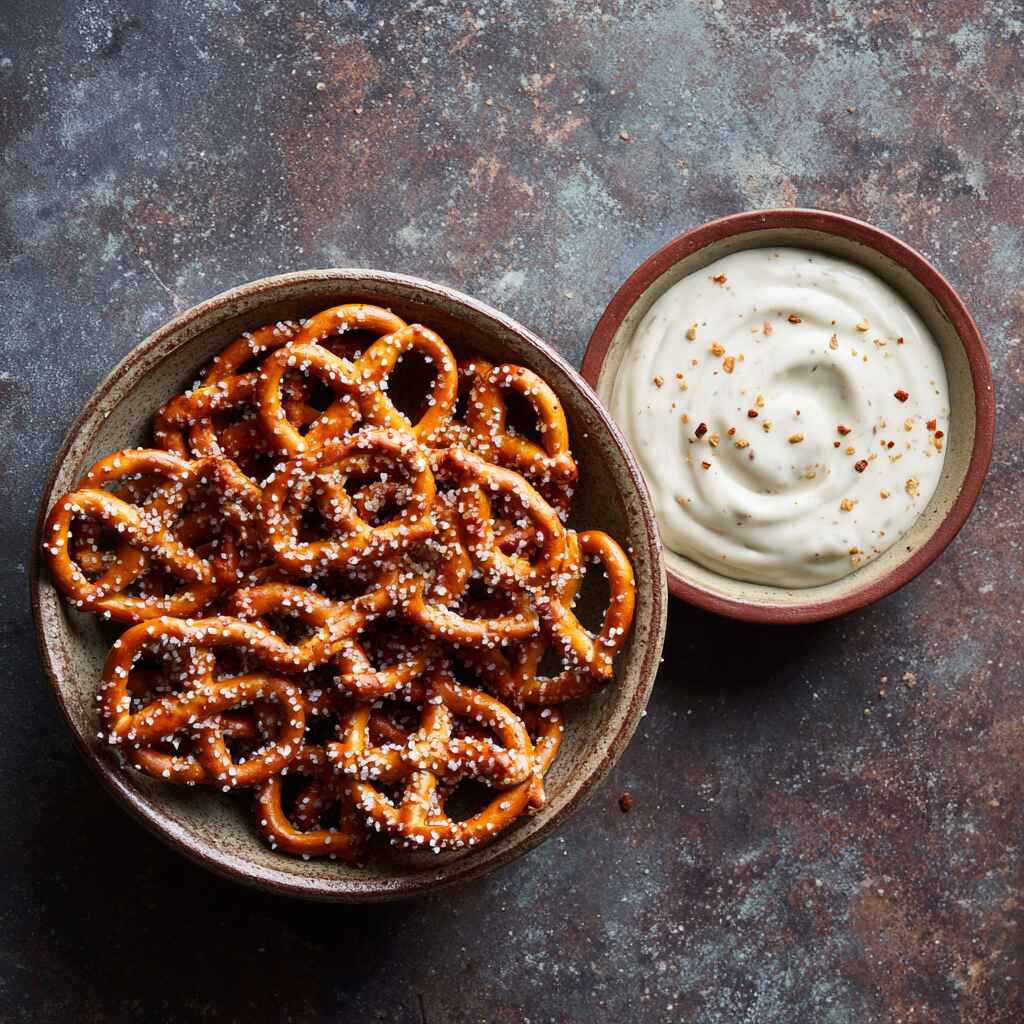 Pretzel bites in a bowl with cream cheese dip on side