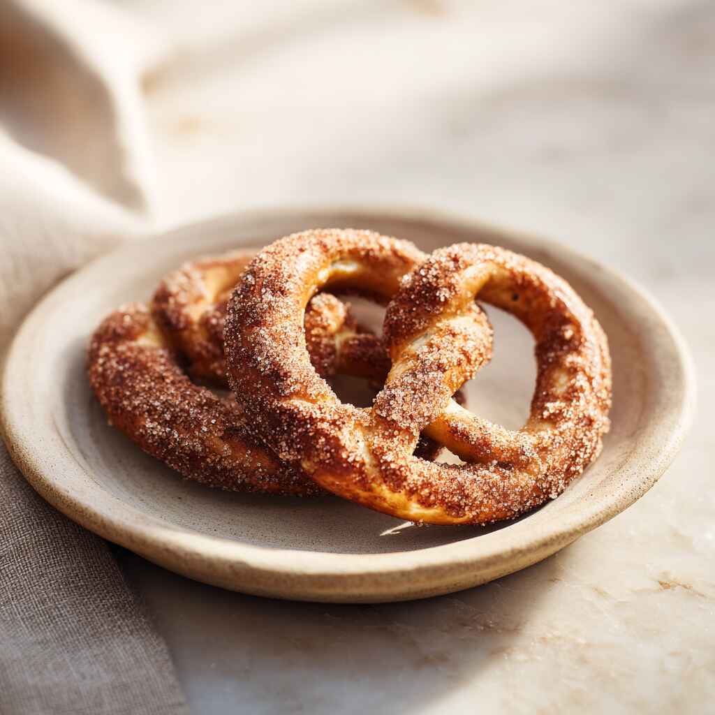 A single cinnamon sugar pretzel on a small plate