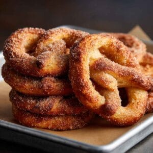 Close-up of golden brown cinnamon sugar pretzels on a rustic tray