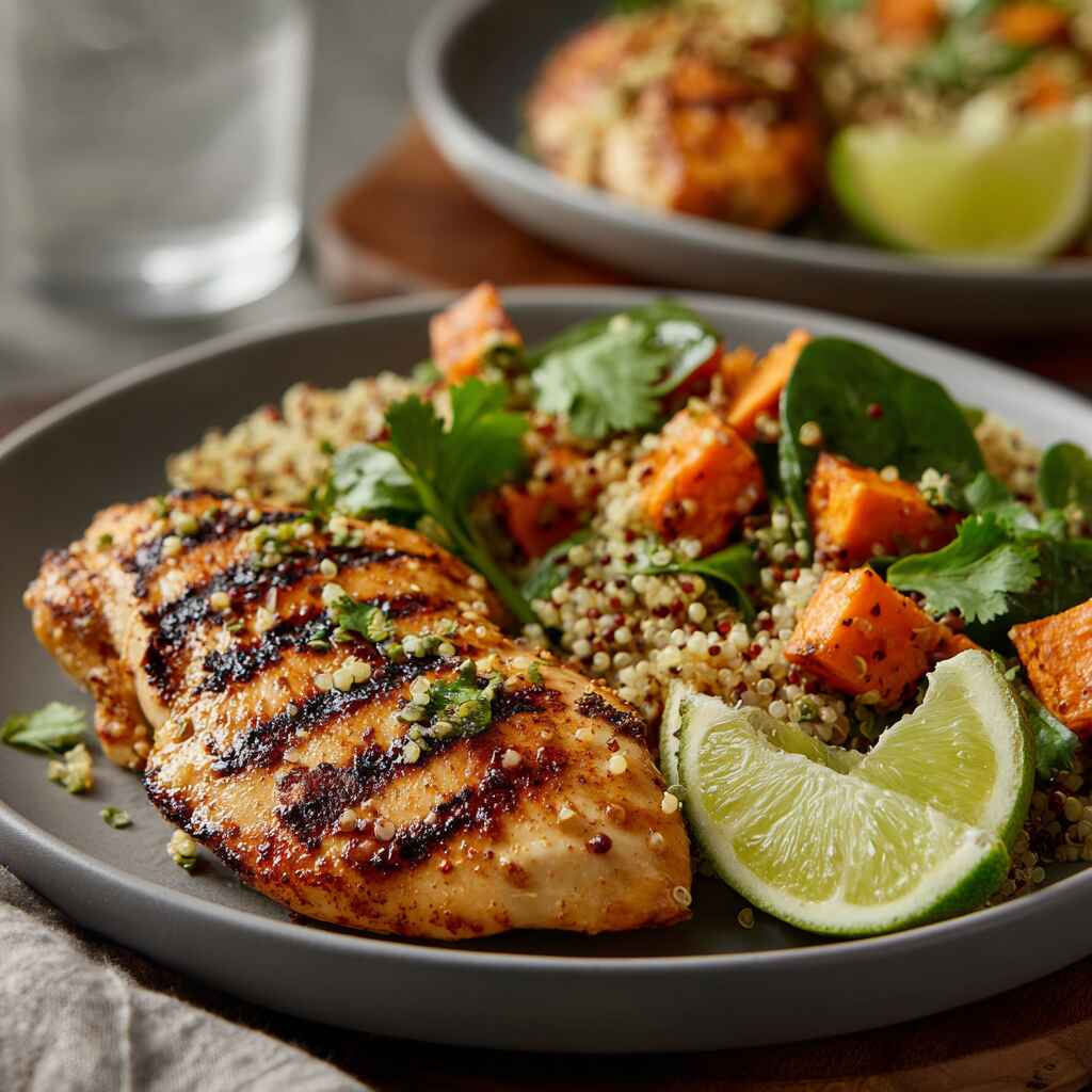 Grilled chicken breast with fresh salad, sweet potatoes, quinoa, and lime – healthy dinner recipe