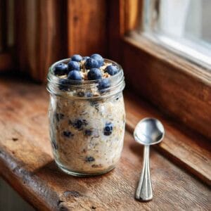 high protein overnight oats in a glass jar with blueberries