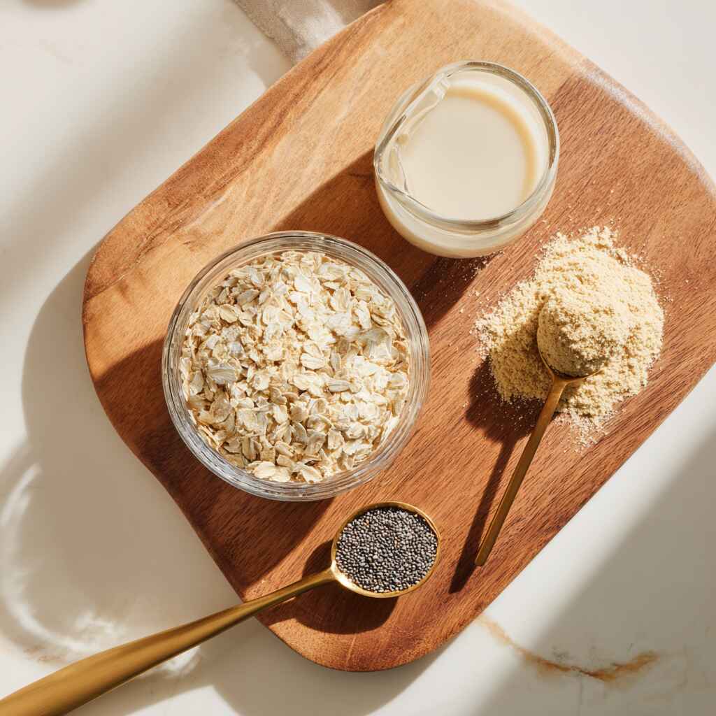 high protein overnight oats ingredients on a kitchen counter