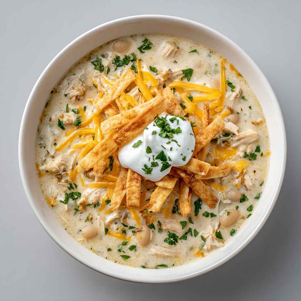 Bowl of creamy white chicken chili with toppings