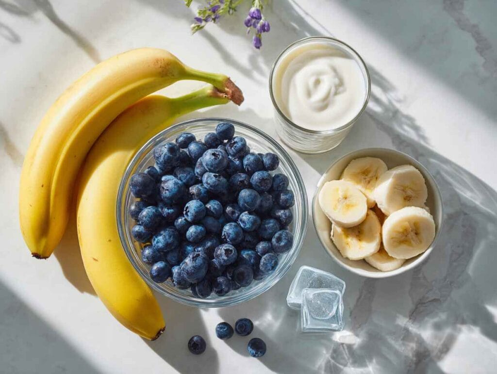 Fresh blueberries, yogurt, banana, milk, honey, and ice arranged neatly on a table