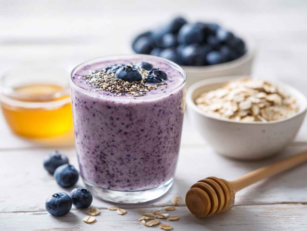 Blueberry yogurt smoothie topped with chia seeds and surrounded by small bowls of ingredients