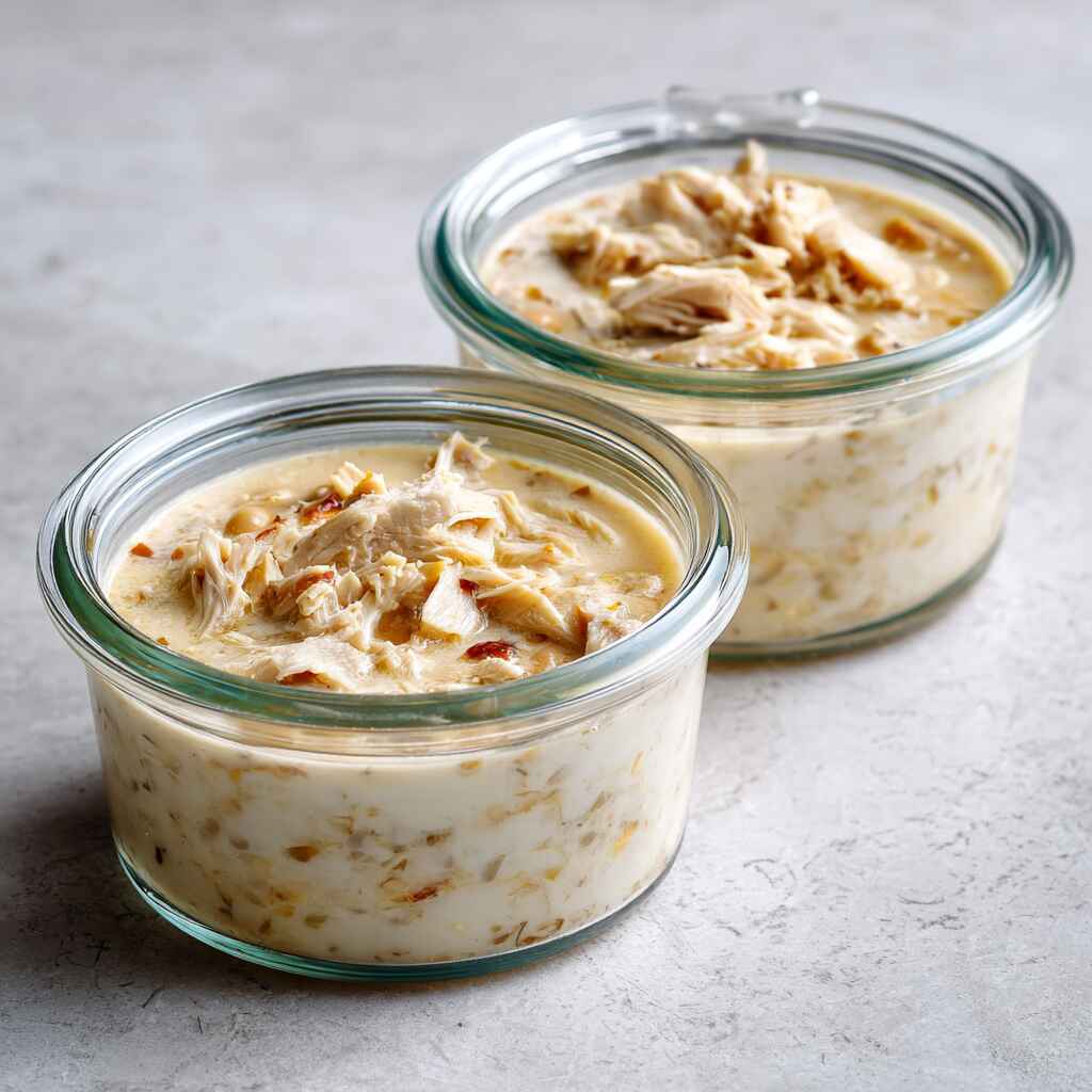 White chicken chili in transparent containers