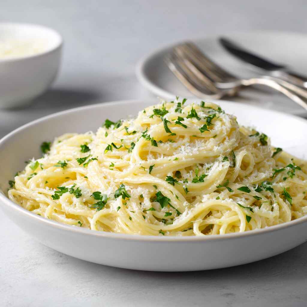Creamy lemon parmesan spaghetti served simply with shredded parmesan and fresh parsley in a shallow white bowl, with a modern minimal table setting in the background.