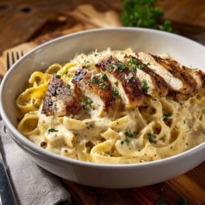 A steaming plate of blackened chicken alfredo pasta with creamy sauce and herbs
