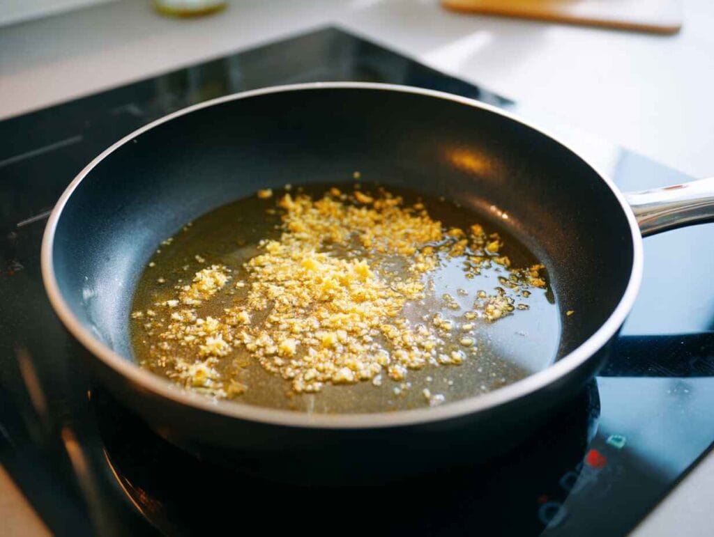 Minced garlic and lemon zest sizzling gently in olive oil inside a non-stick skillet on a modern induction cooktop, creating the flavor base for lemon parmesan pasta.