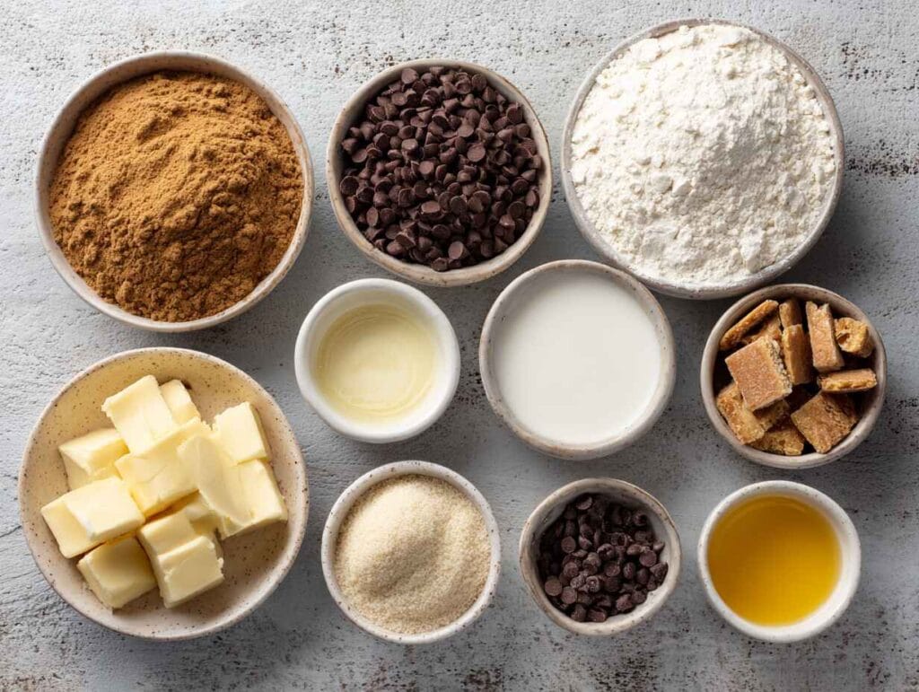 Assorted ingredients for Chocolate Toffee Bars arranged in small bowls, including brown sugar, flour, butter, chocolate chips, cream, and toffee pieces.