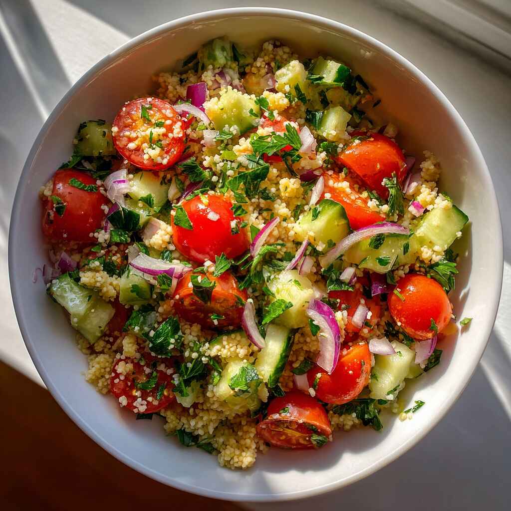 Overhead view of couscous salad filled with herbs, chopped vegetables, and olive oil dressing in a kitchen bowl
