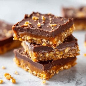 Chocolate Toffee Bars stacked on top of each other with a glossy chocolate layer and gooey caramel center.
