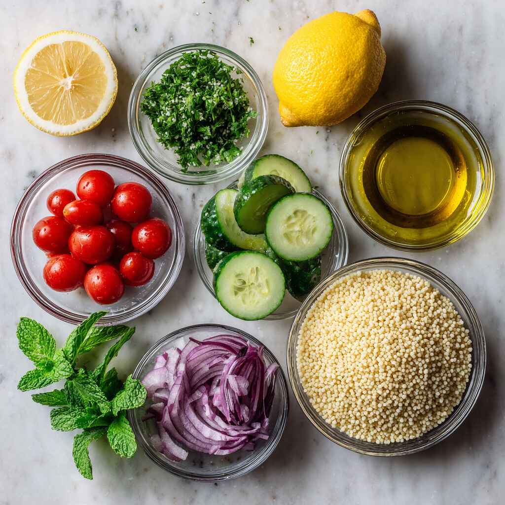 Flat lay of couscous salad ingredients including lemon, herbs, and vegetables