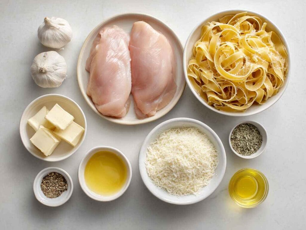 Raw ingredients for blackened chicken alfredo laid out on a kitchen counter