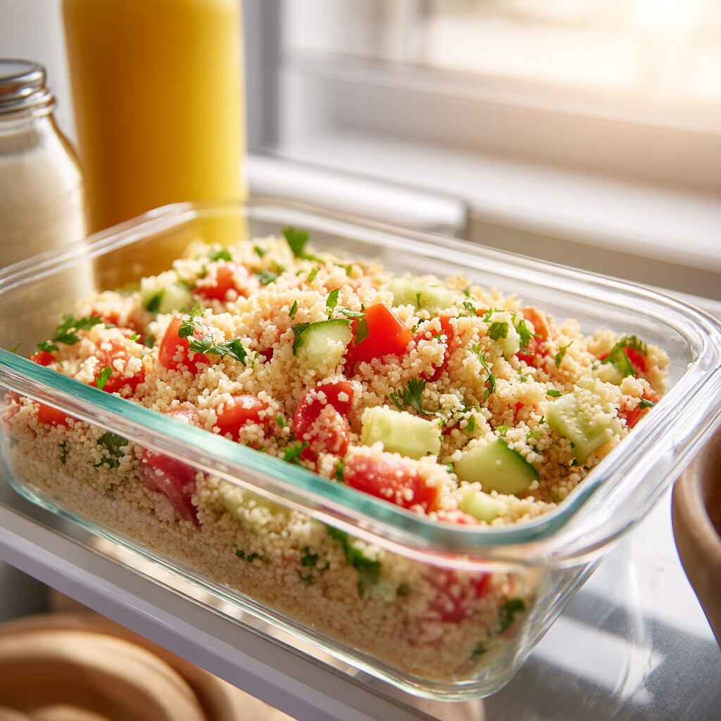 Meal-prepped couscous salad stored in a transparent container, ready for refrigeration