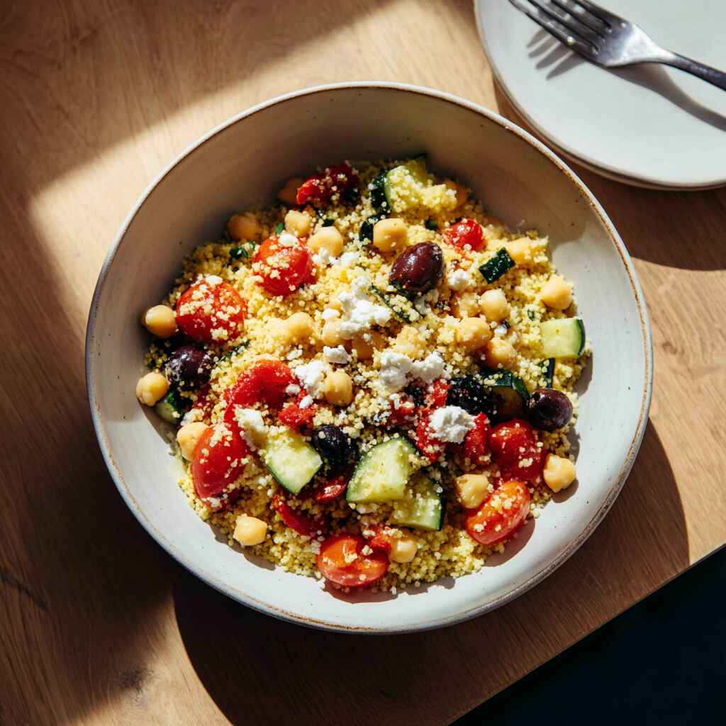 Overhead view of Mediterranean couscous salad served in a white bowl with a fork and plate nearby