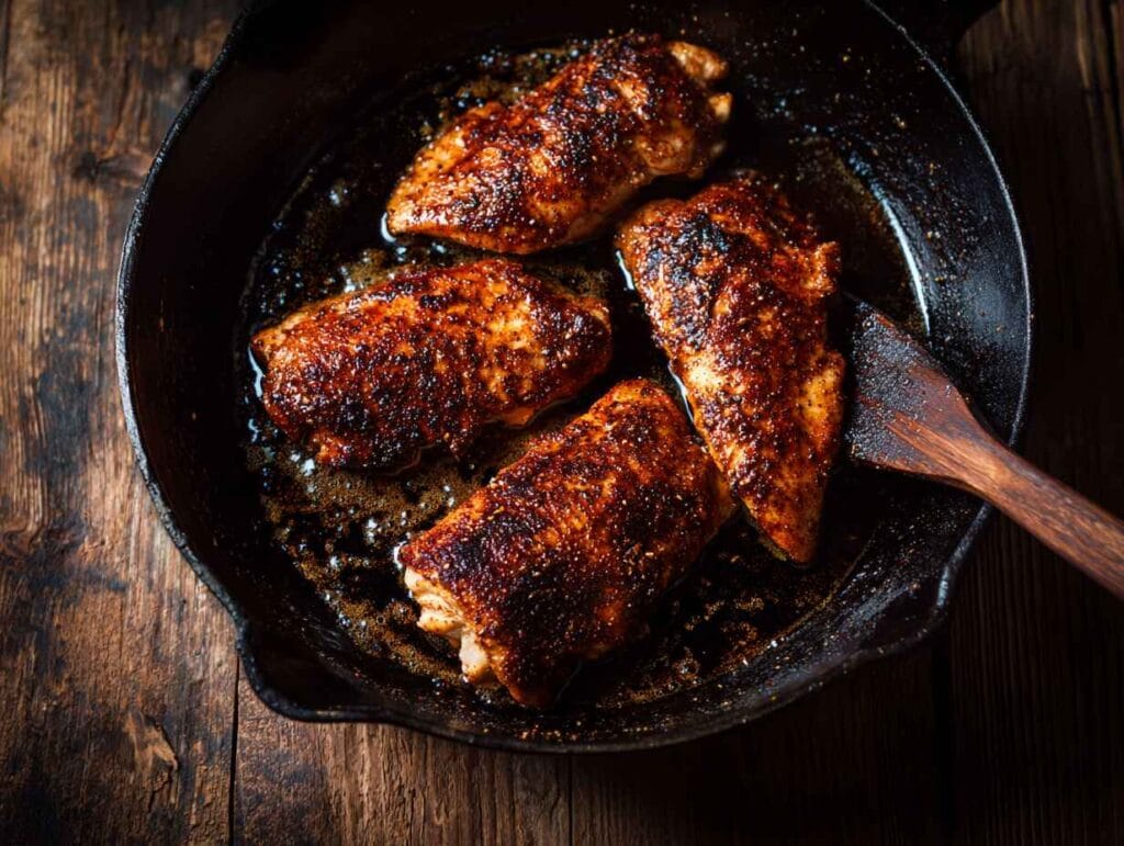 Chicken breasts sizzling in a cast iron skillet with a dark spice crust