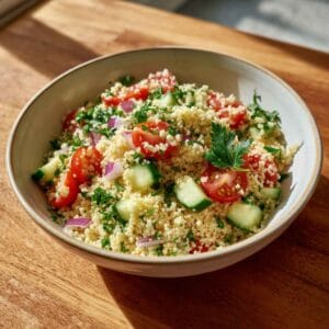 A bowl of Mediterranean couscous salad with fresh vegetables on a wooden kitchen counter