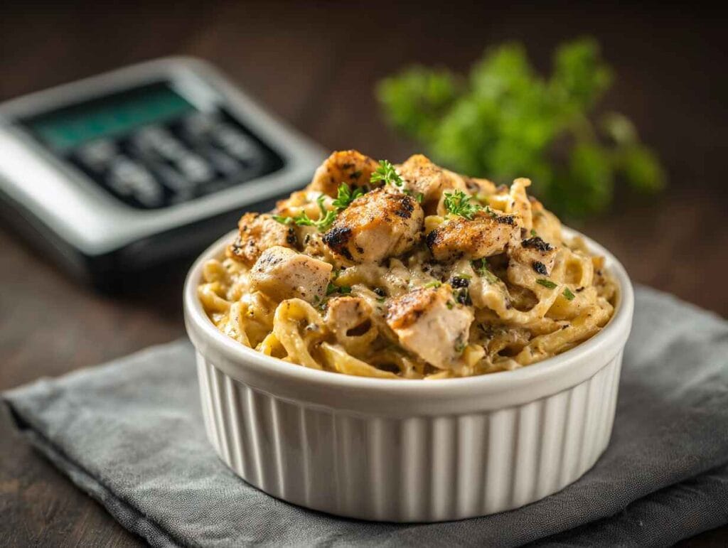 Portion-controlled bowl of blackened chicken alfredo for nutrition tracking