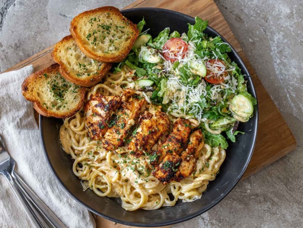 Full dinner plate with blackened chicken alfredo, garlic bread, and side salad