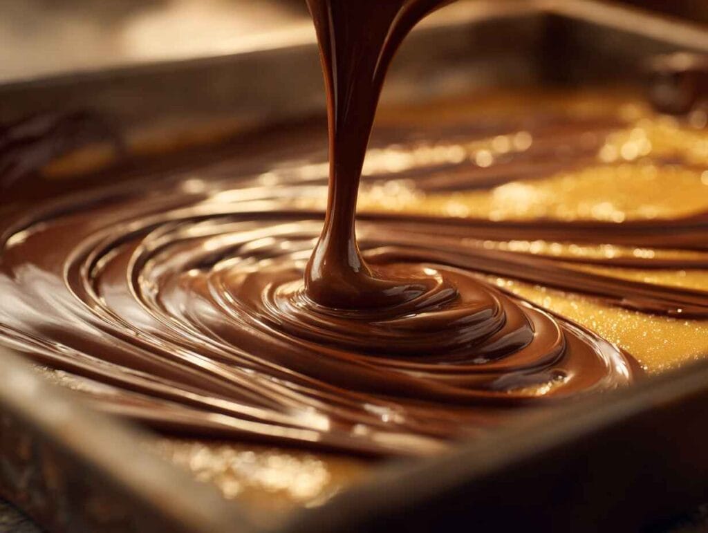 Melted chocolate being poured smoothly over a warm golden toffee layer in a baking tray.