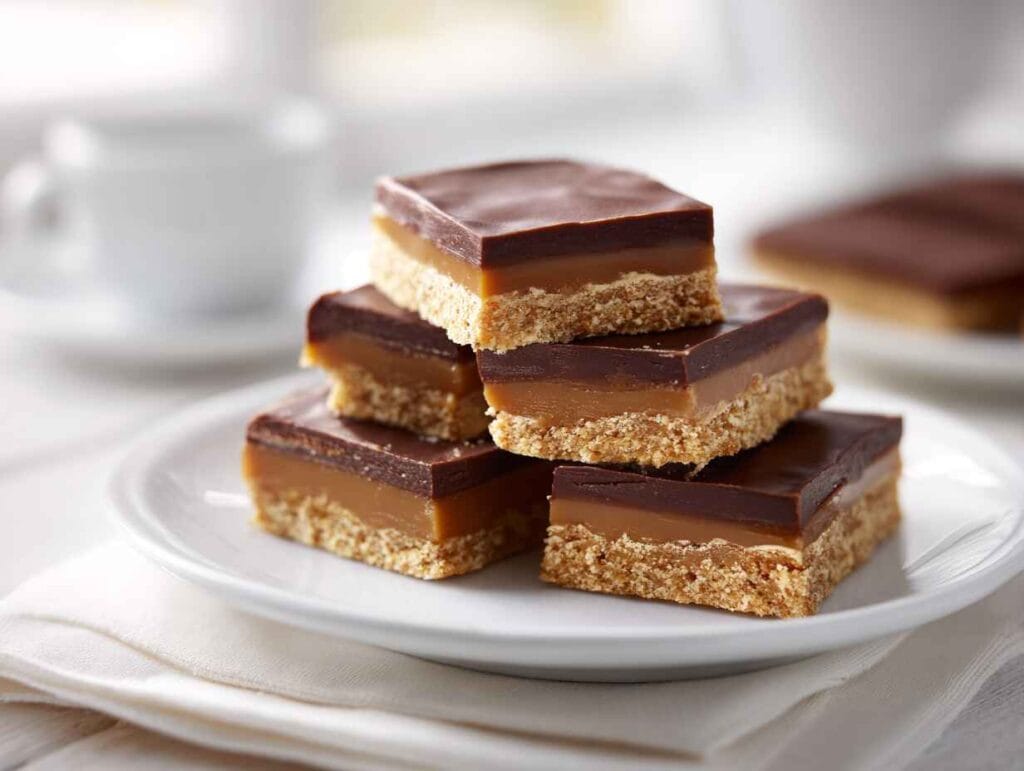 Stacked Chocolate Toffee Bars on a white plate, showing distinct layers of chocolate, caramel, and crisp cookie base.
