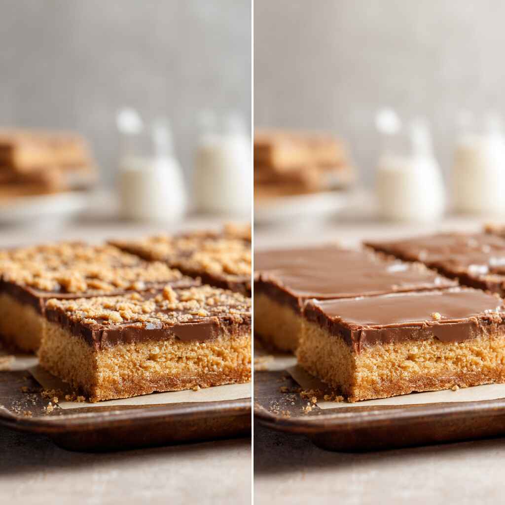 Side-by-side comparison of Chocolate Toffee Bars showing a crumbly, uneven texture on the left and a smooth, properly set chocolate layer on the right.