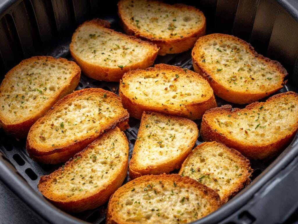 Frozen garlic bread arranged in a single layer inside an air fryer basket