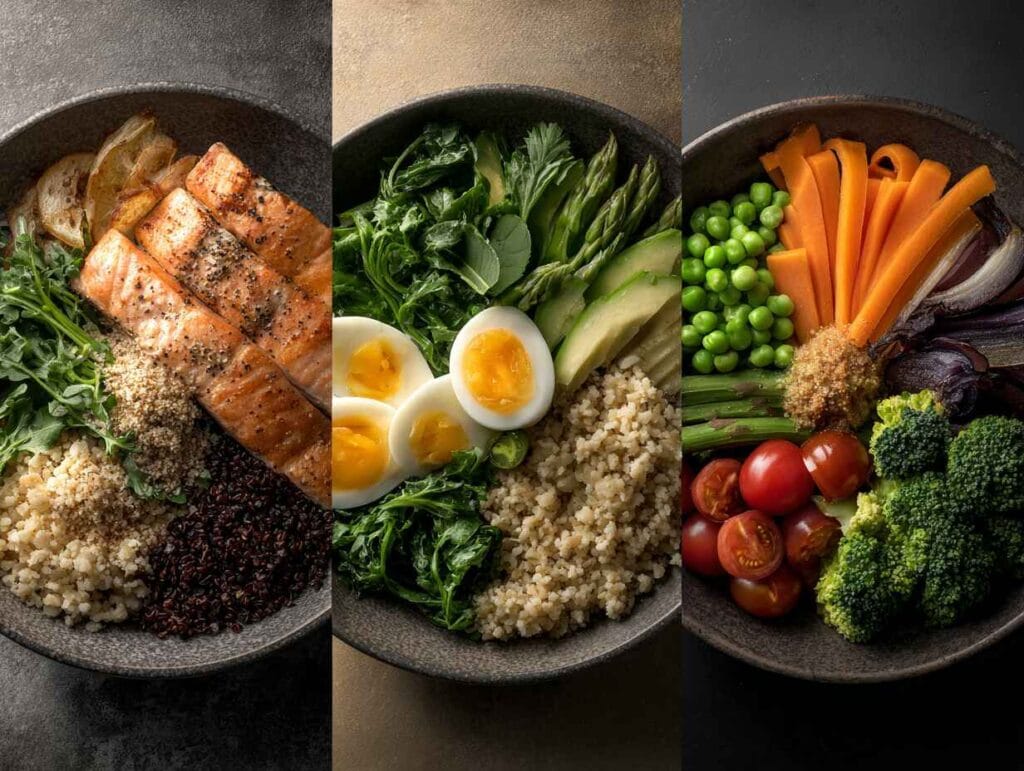 three balanced meal bowls featuring vegetables, protein, and wholesome grain bases arranged naturally as bread-free meal ideas