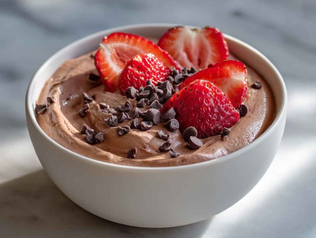 Modern chocolate mousse served in a white bowl, topped with halved strawberries and dark chocolate chips on a marble surface.