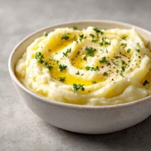 creamy mashed potatoes without milk served in a white bowl