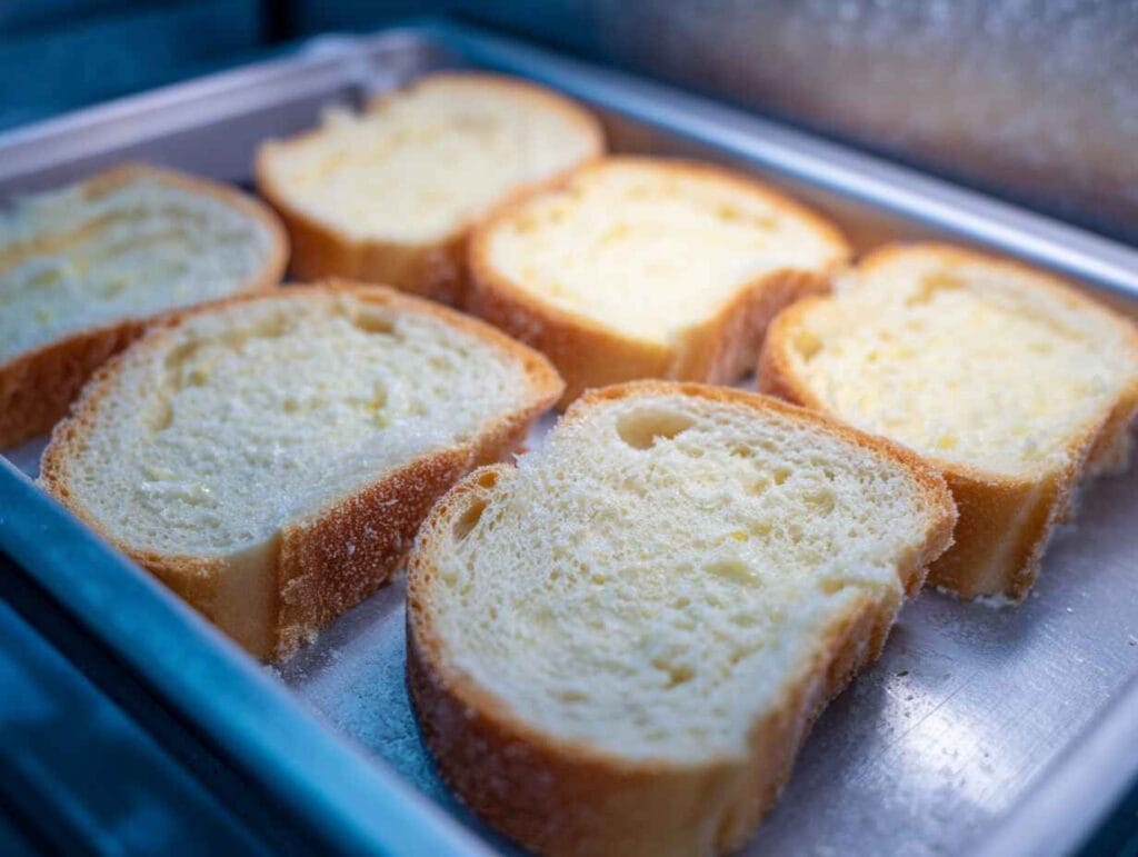 Frozen garlic bread slices arranged on a tray before air fryer cooking