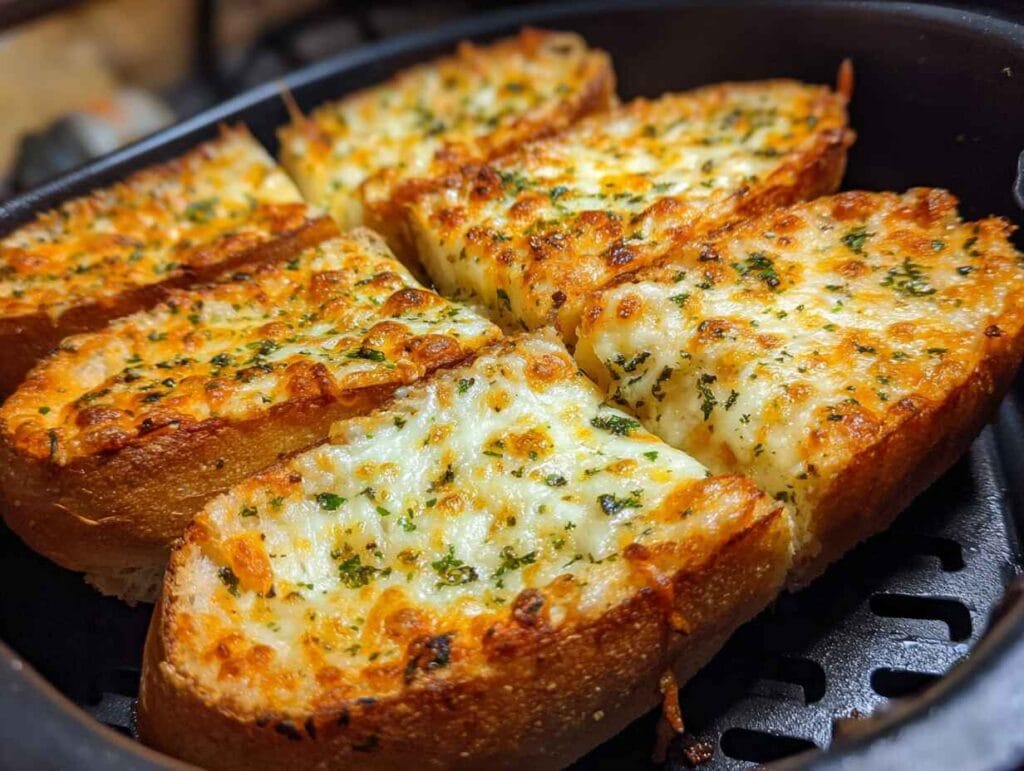 Frozen garlic cheese bread with melted cheese cooked in an air fryer