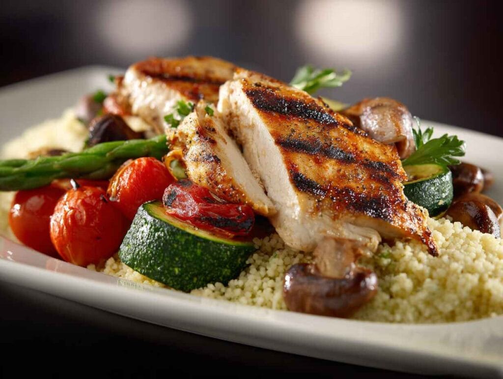 Grilled chicken served over fluffy couscous with roasted tomatoes, zucchini, mushrooms, and asparagus — a balanced meal example without bread.