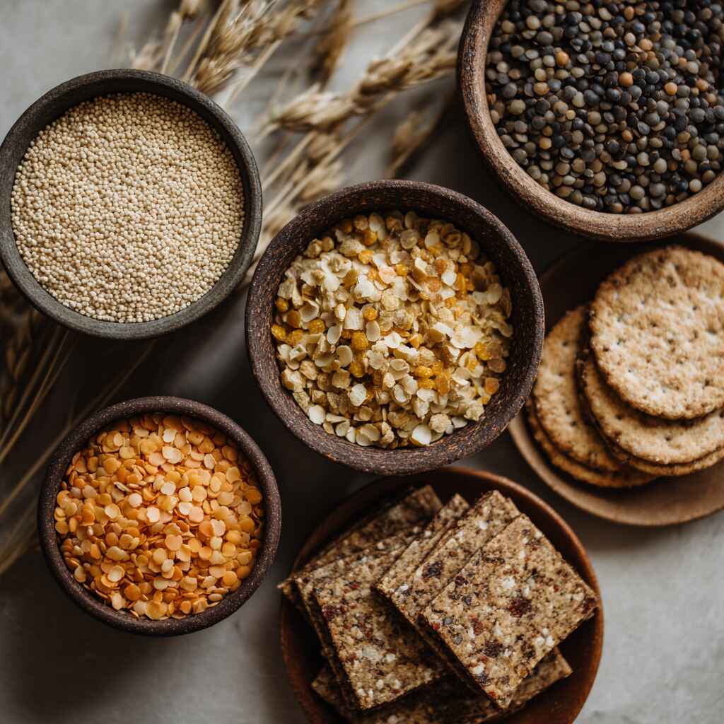 A natural assortment of grains, legumes, and whole-grain crackers that serve as healthy alternatives to bread in balanced meals.