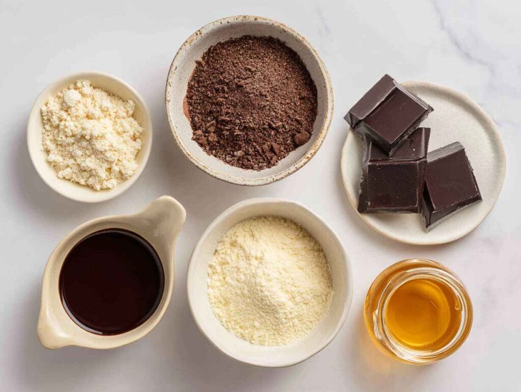 Flat lay of cottage cheese, cocoa powder, dark chocolate, sweetener, and vanilla extract in small bowls on a white background.